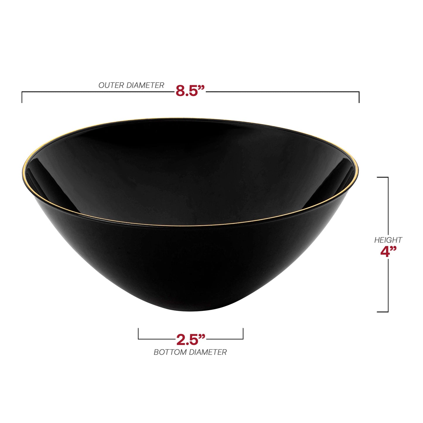 Organic 32 oz disposable black bowls with a gold rim, round and sturdy design