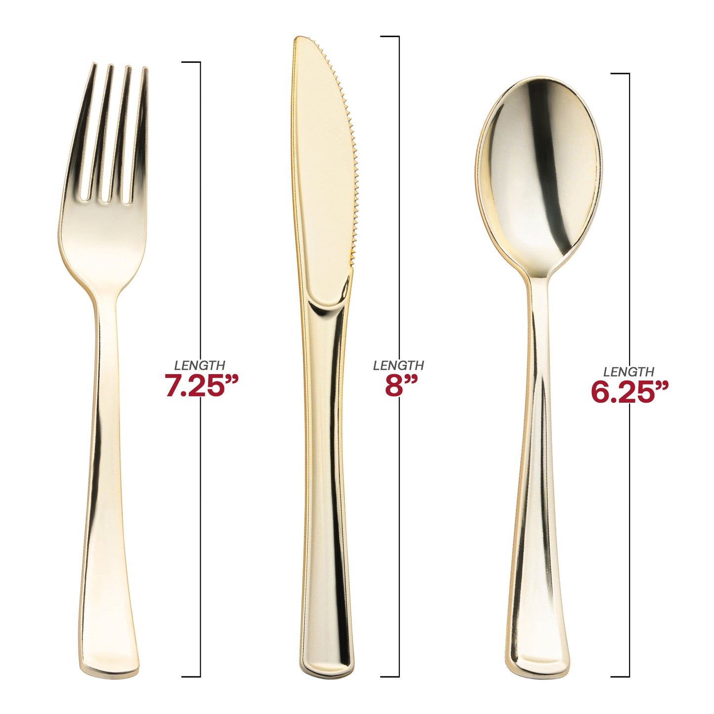 Pack of 100 gold plastic cutlery sets, each wrapped in a white napkin roll for convenience and elegance.
Durable gold plastic cutlery set in white napkin rolls, stylish and practical for large gatherings.