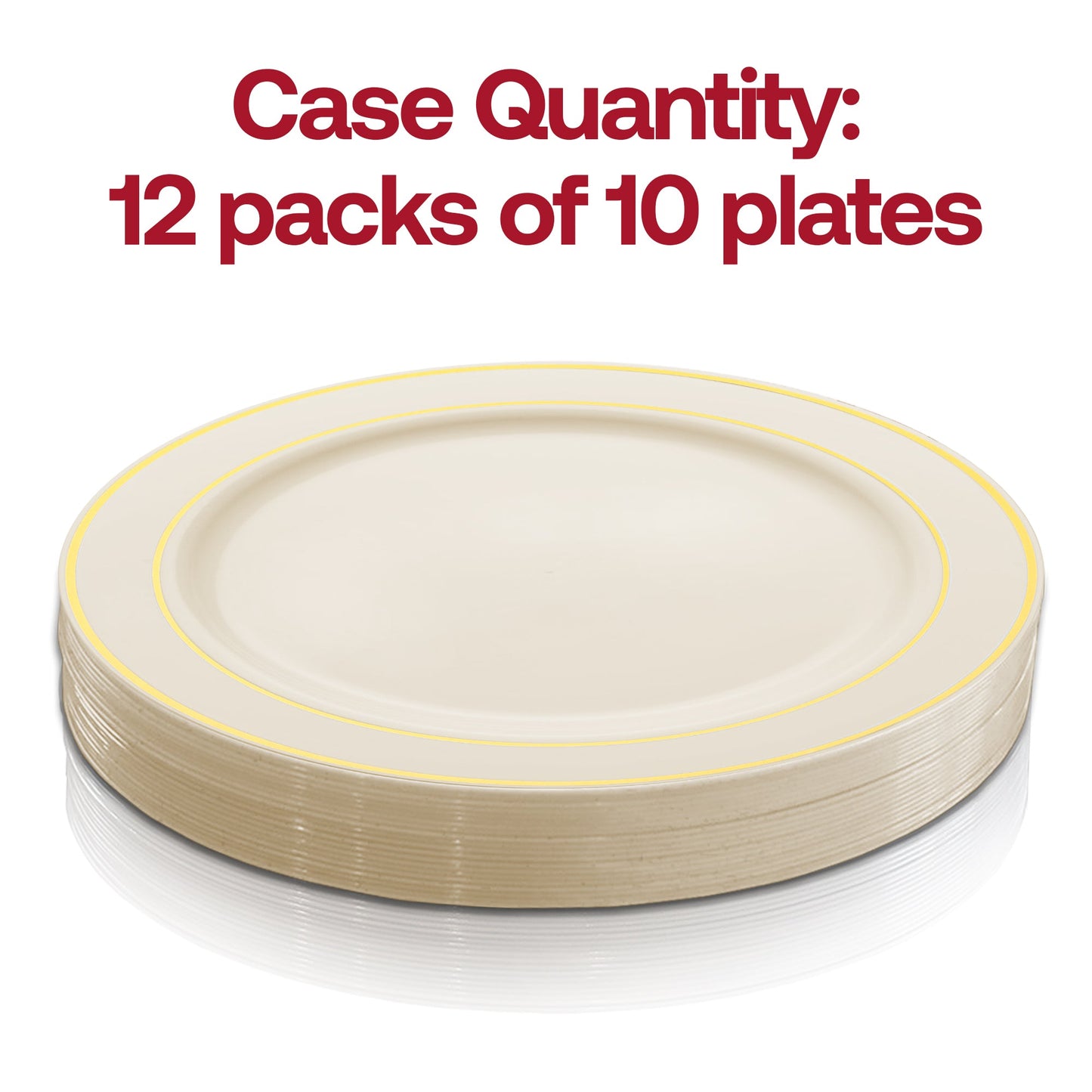 Pack of 120 ivory plastic appetizer plates with stylish gold edge, 7.5-inch round size