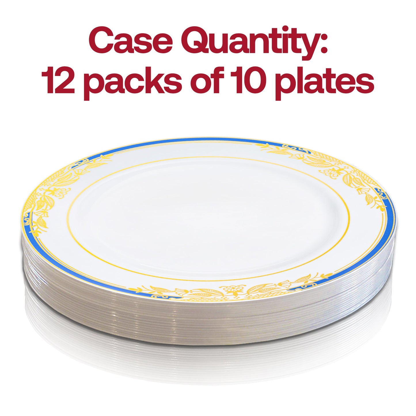 Pack of 120 white plastic appetizer plates with a chic blue and gold harmony rim