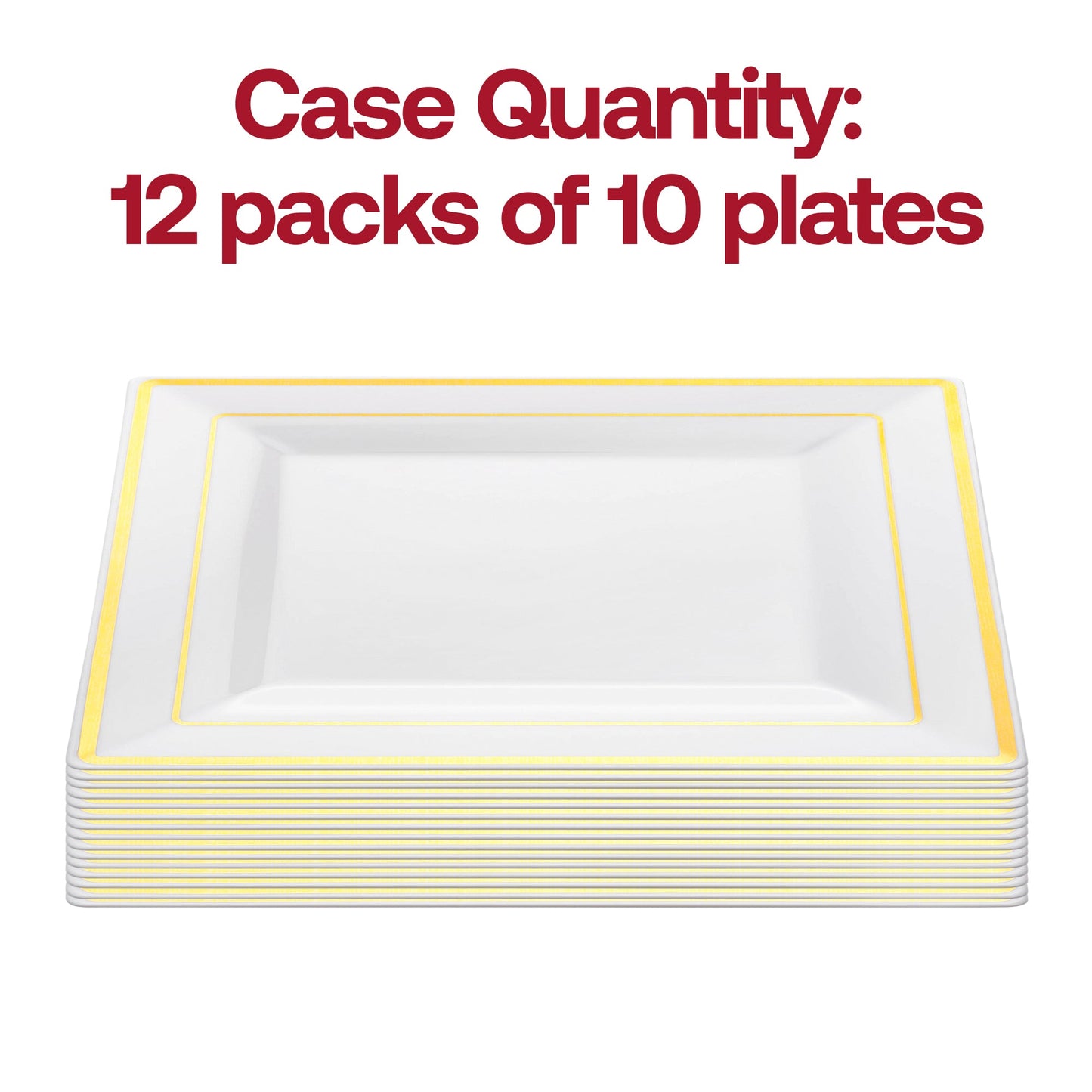 Pack of 120 white plastic appetizer plates with a sleek gold square edge rim, 6.5 inches in diameter
