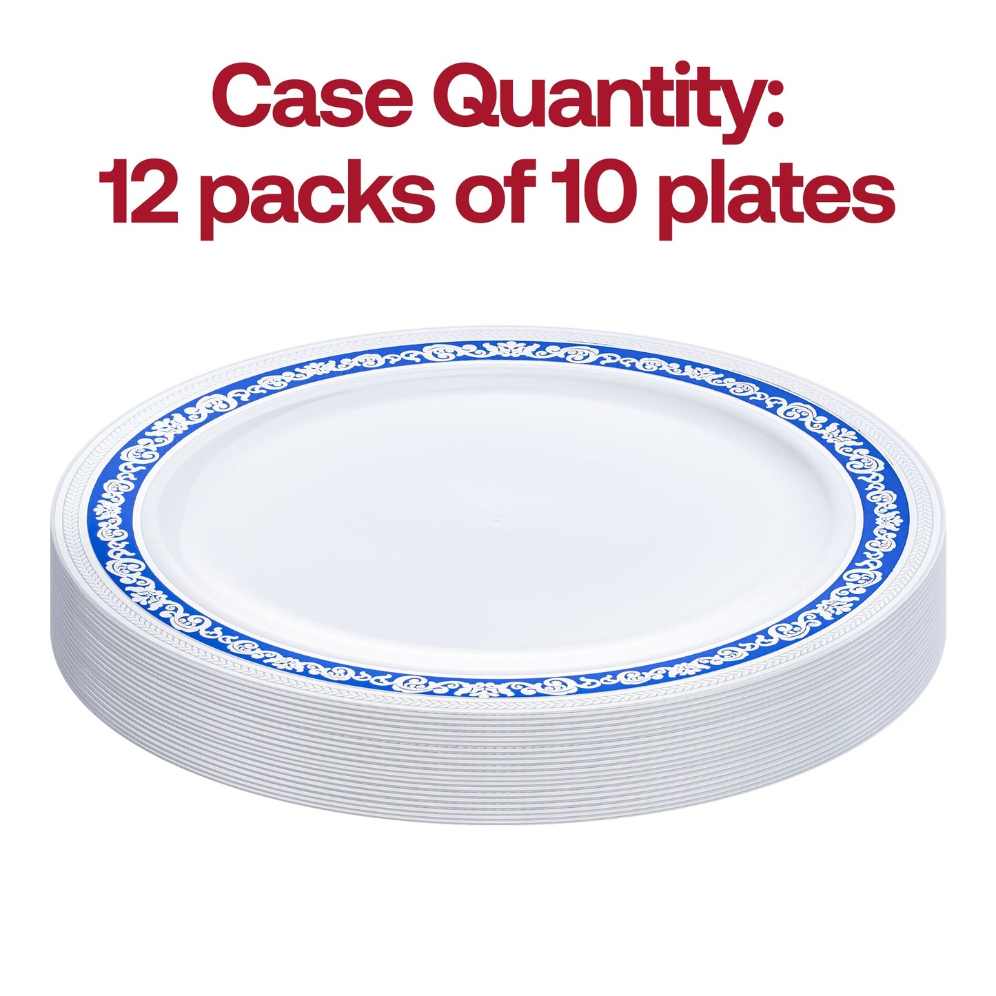 Pack of 120 white plastic appetizer plates with a stunning blue and silver royal rim
