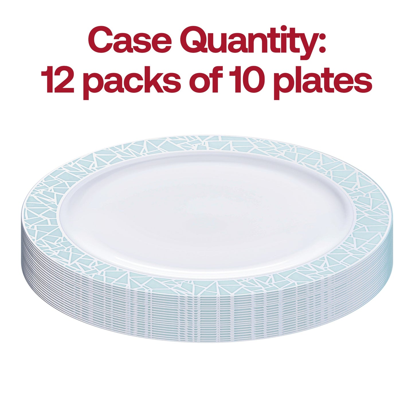 Pack of 120 white plastic appetizer plates with a turquoise blue and silver mosaic rim