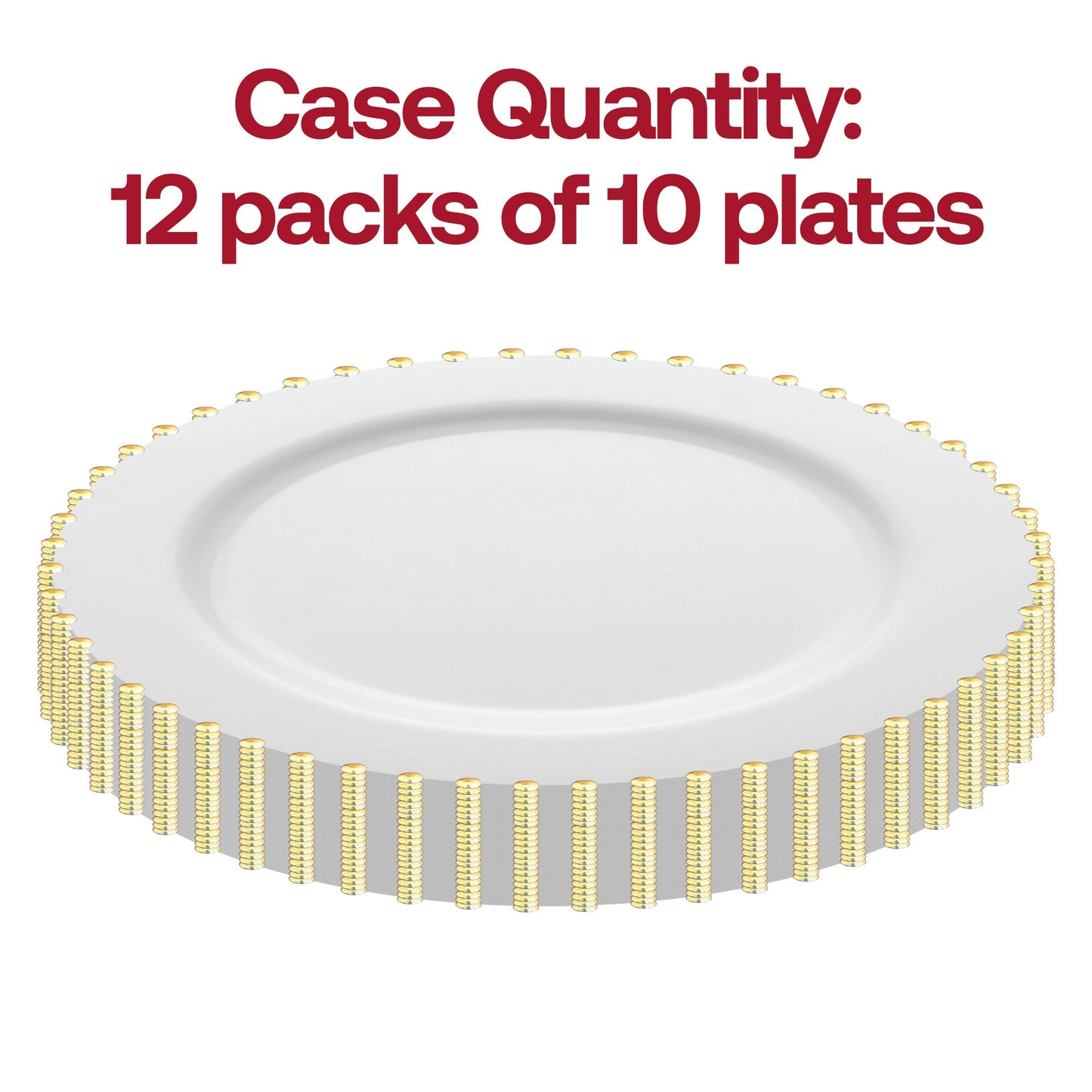 Pack of 120 white plastic dinner plates with a gold pearl string trim, 10-inch diameter
