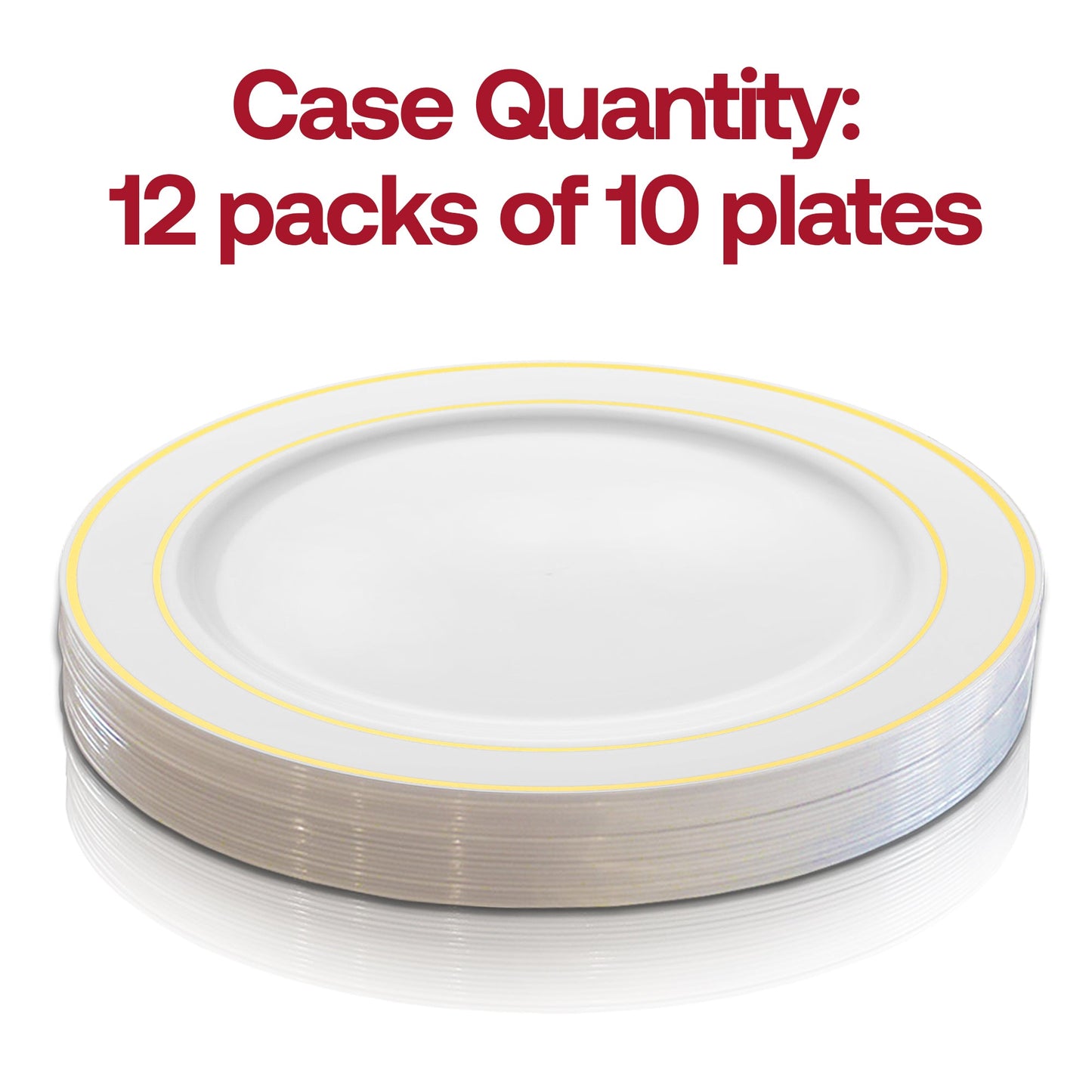 Pack of 120 white plastic pastry plates with decorative gold edge