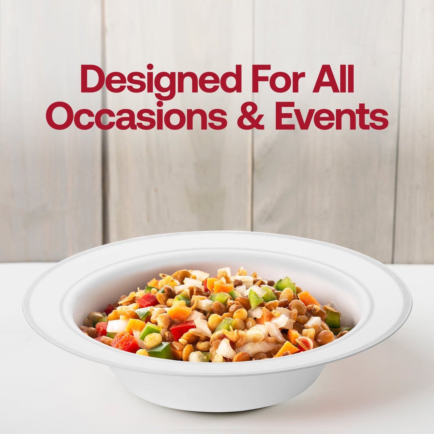 Pack of 120 white plastic soup bowls with a stylish silver edge, 12 oz., ideal for formal dining or catering, BPA-Free