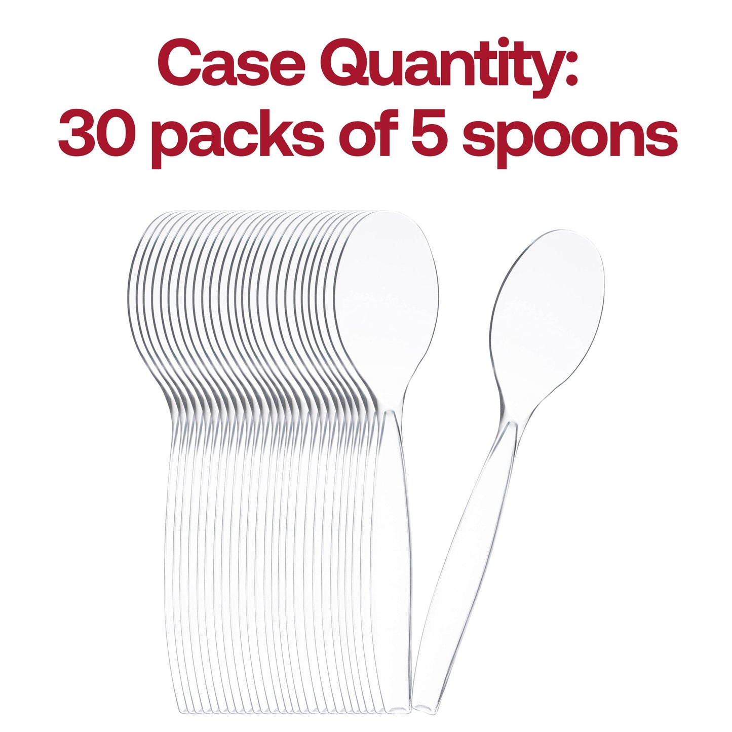 Pack of 150 clear plastic serving spoons, 9.75 inches each, lightweight and disposable for easy cleanup.