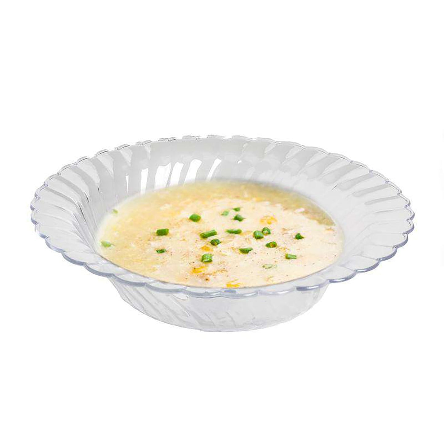 Pack of 180 clear 12 oz. plastic soup bowls with a sleek flared rim, perfect for elegant table settings