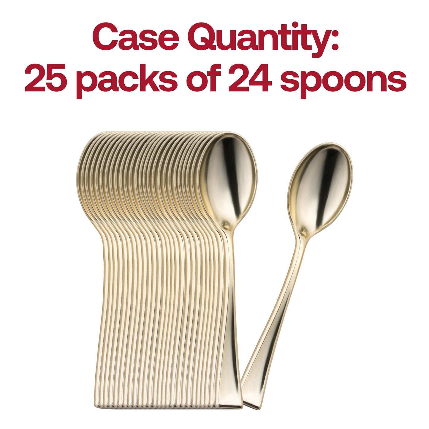Pack of 600 shiny metallic gold mini plastic spoons, 4 inches each, ideal for tastings, catering, and parties.