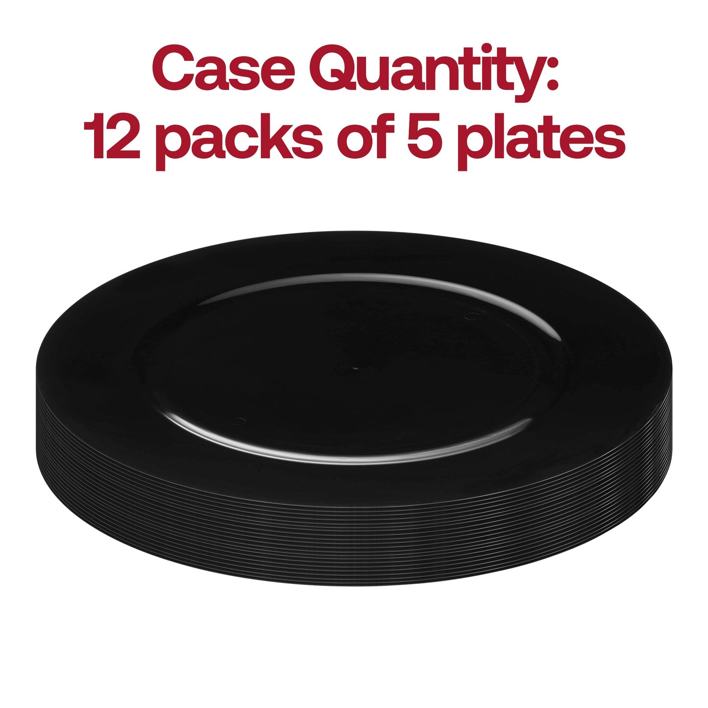 Pack of 60 black disposable plastic charger plates with a modern round design