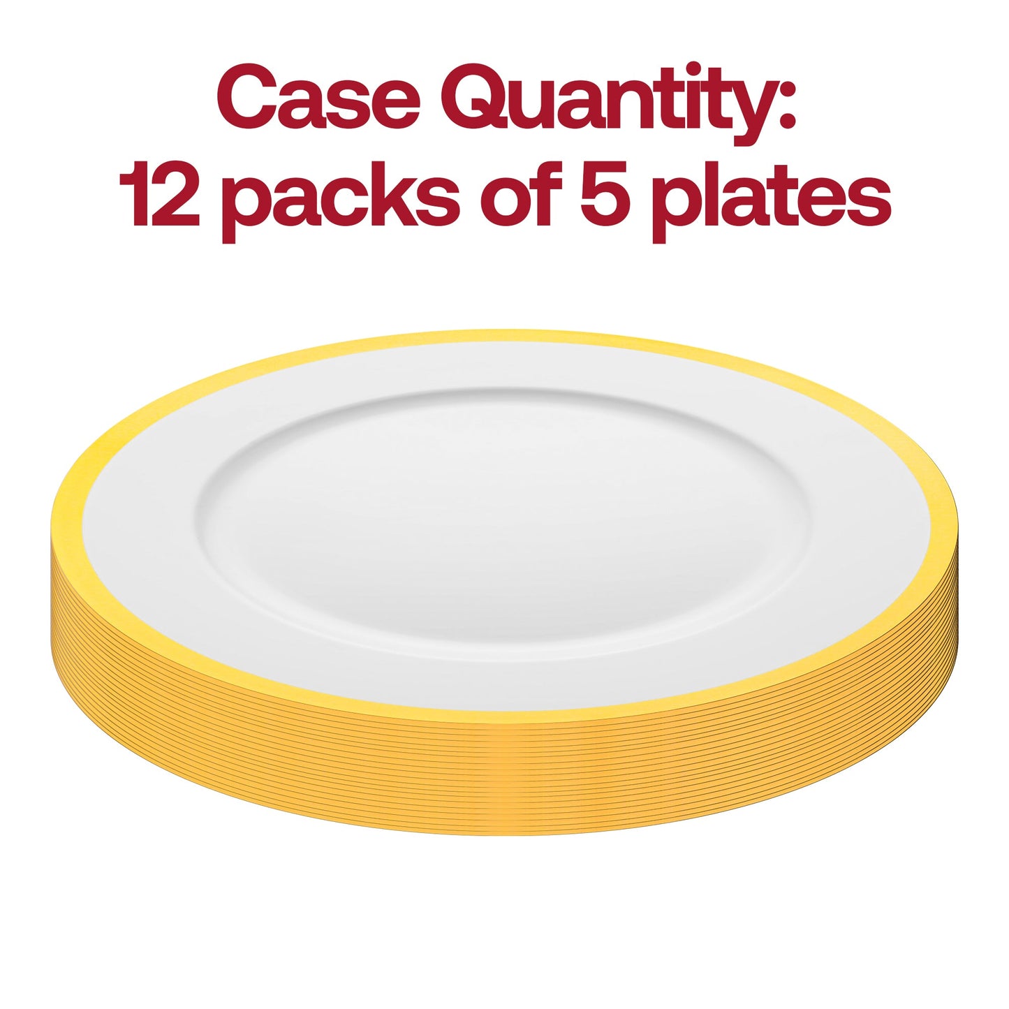 Pack of 60 disposable white plastic charger plates with an elegant gold rim