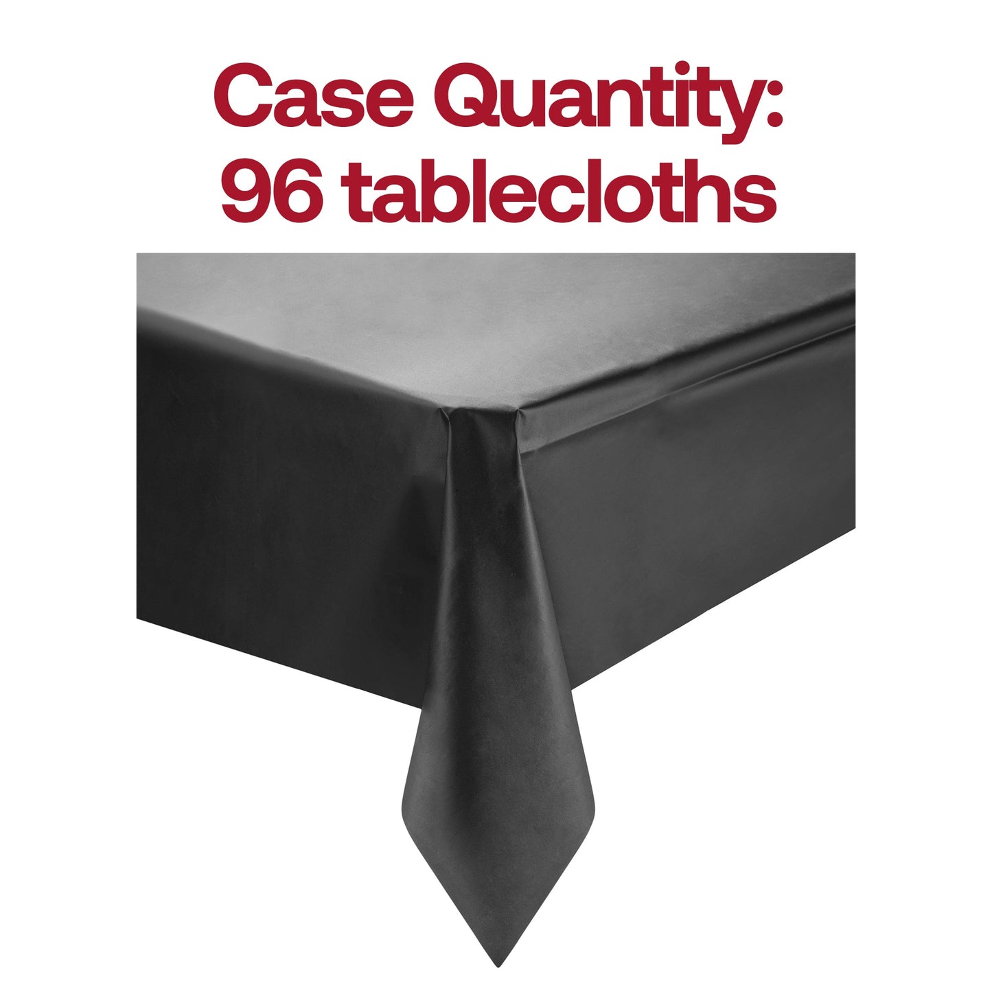 Pack of 96 black disposable plastic tablecloths, 54 x 108 inches each, perfect for large parties, events, and catered functions.