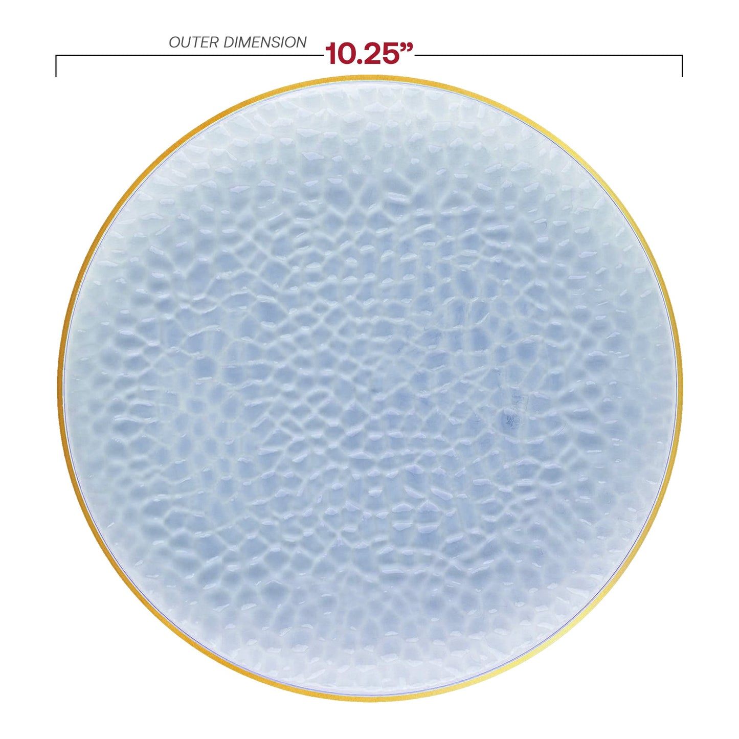 Pearl clear blue plastic dinner plates with a gold hammered glass-style rim, 10.25-inch diameter