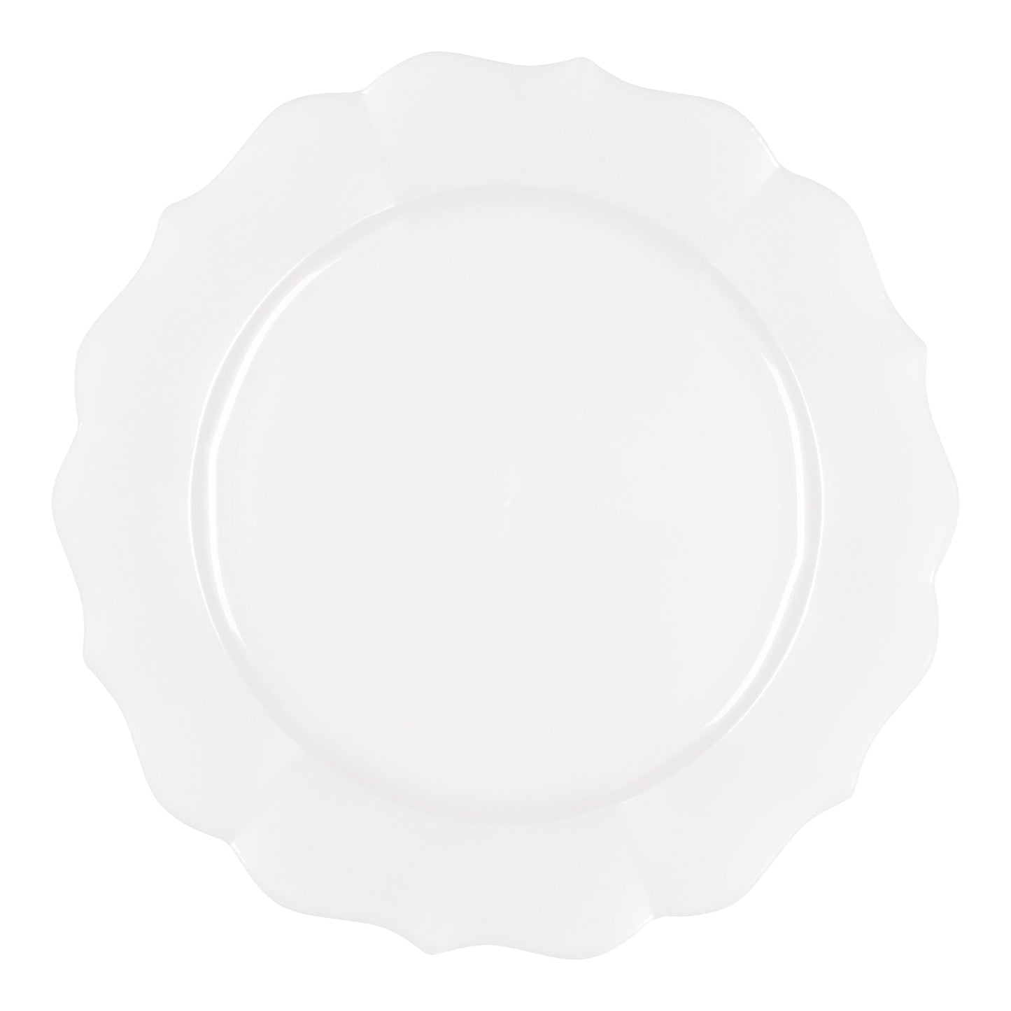 Pearl white round plastic dinner plates with an elegant lotus-inspired design