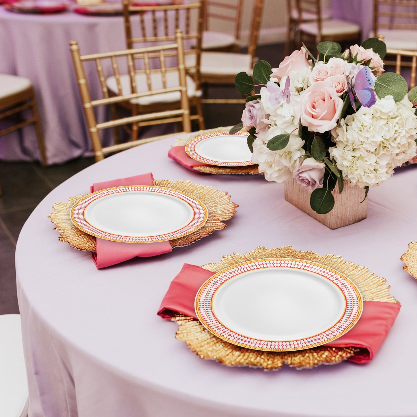 Perfect way to serve white with red and gold chord rim plastic dinner plates (10.25")