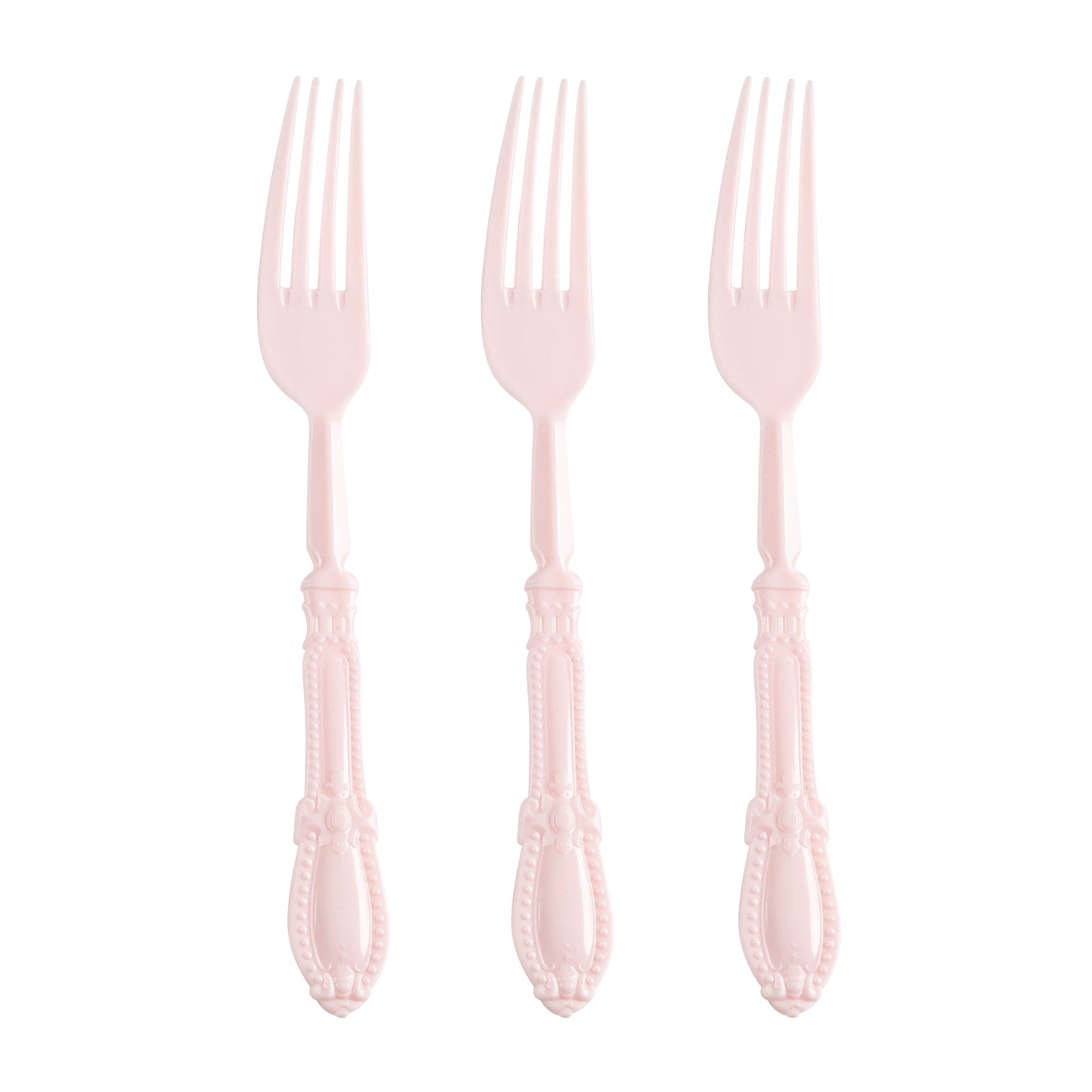 Pink Baroque plastic dinner forks, 8 inches, perfect for weddings, banquets, and sophisticated table settings