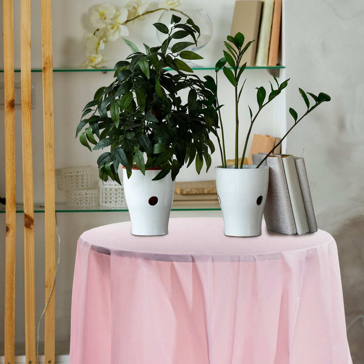 Pink Round Tablecloths decorated party tables at baby showers and birthdays.