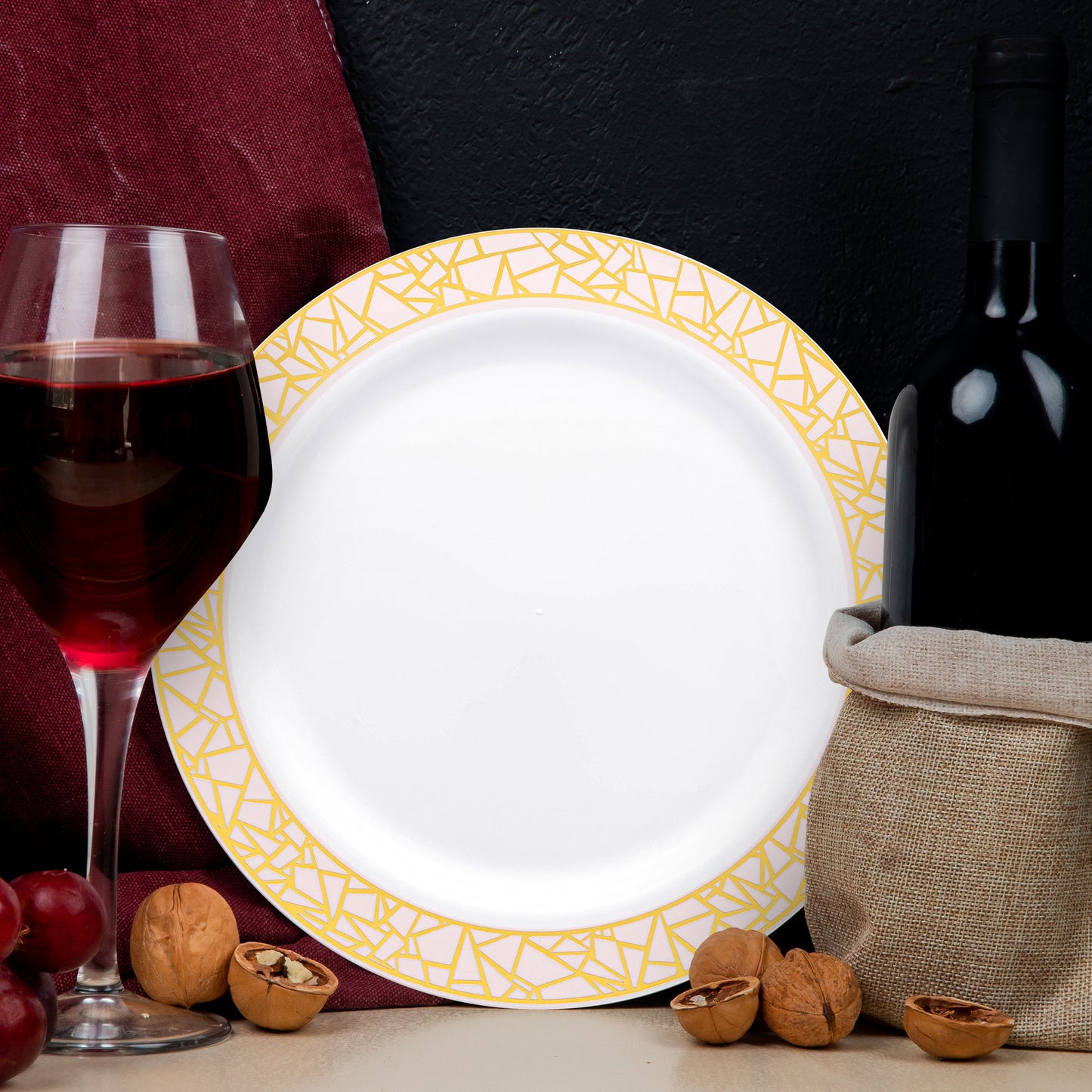 Pink and Gold Mosaic Dinner Plates presented pasta and roasted vegetables at a romantic evening gathering.