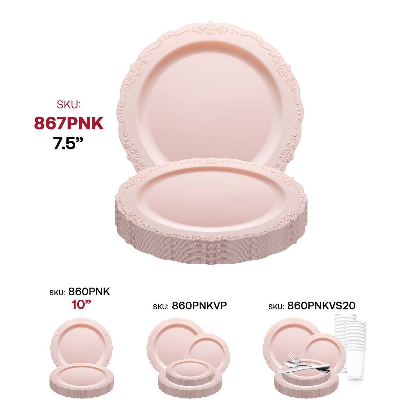Pink appetizer plates with a classic vintage design, 7.5-inch round disposable plastic style, perfect for weddings