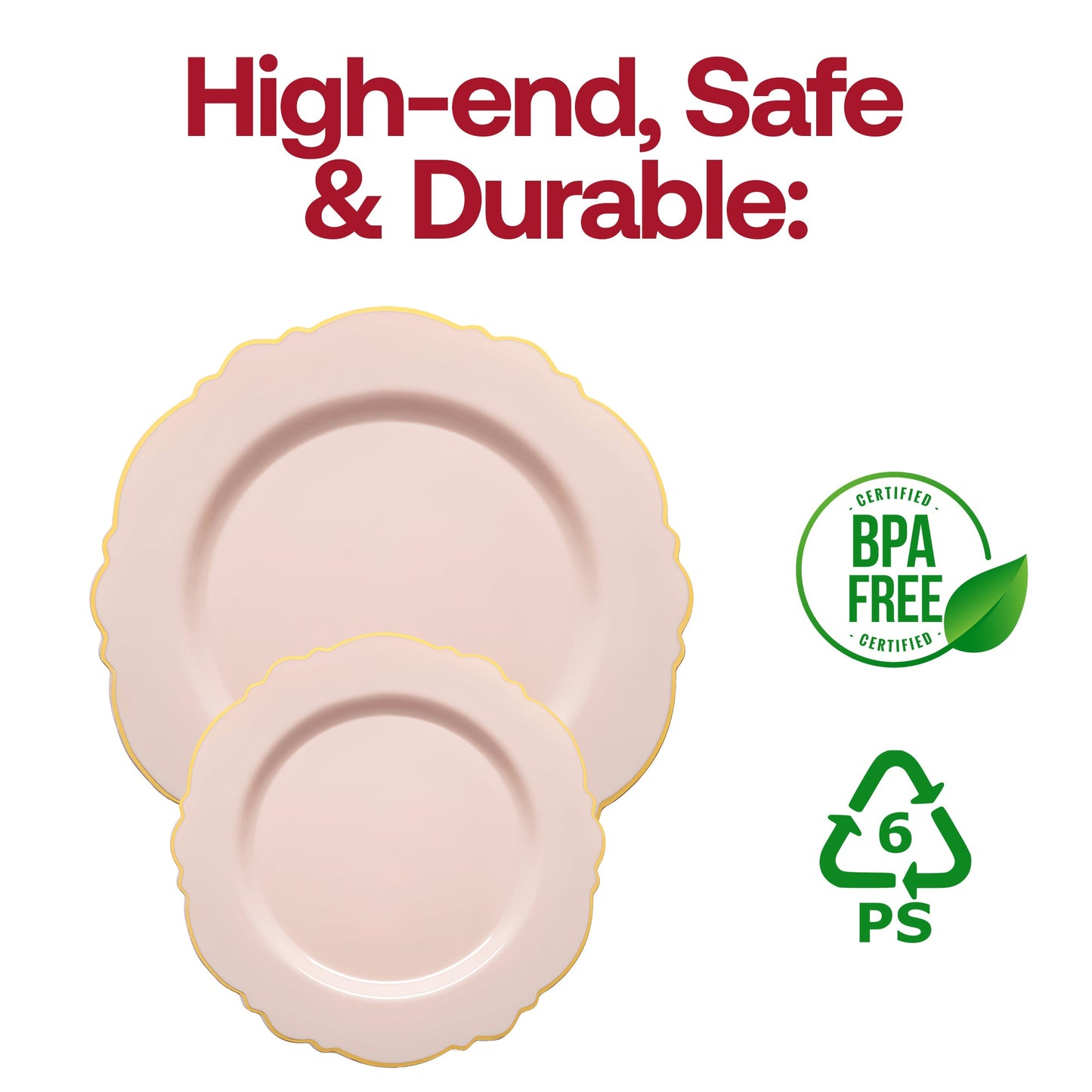 Pink disposable dinner plates featuring a gold rim and blossom accents, crafted from durable plastic, BPA-free