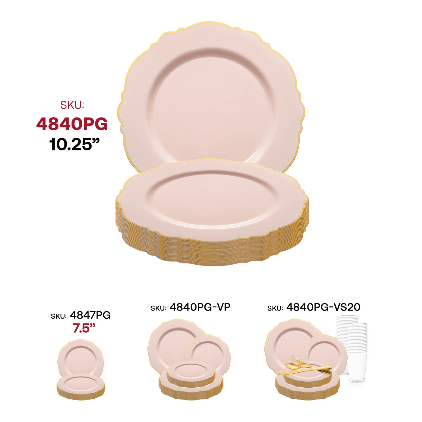 Pink disposable dinner plates with a round 10.25-inch design, adorned with a gold rim and blossom pattern