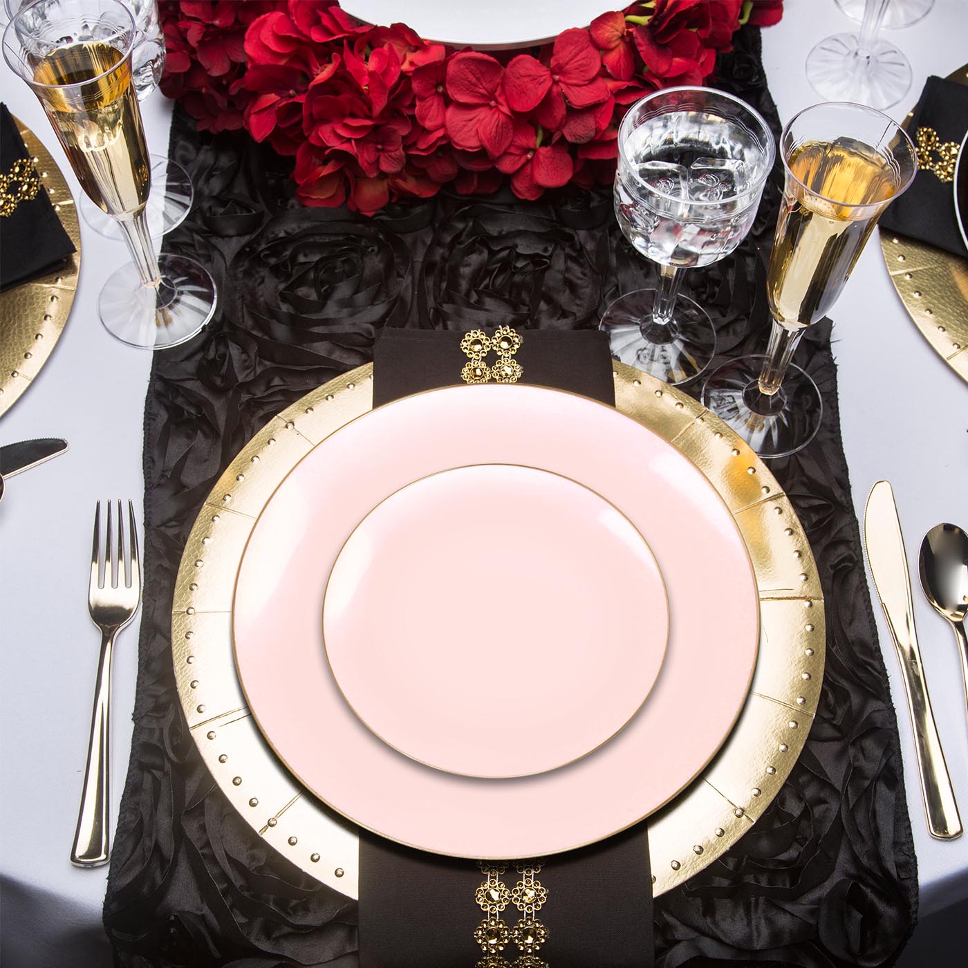 Pink plastic dinner plates with a gold organic accent, 10.25-inch round shape, perfect for parties