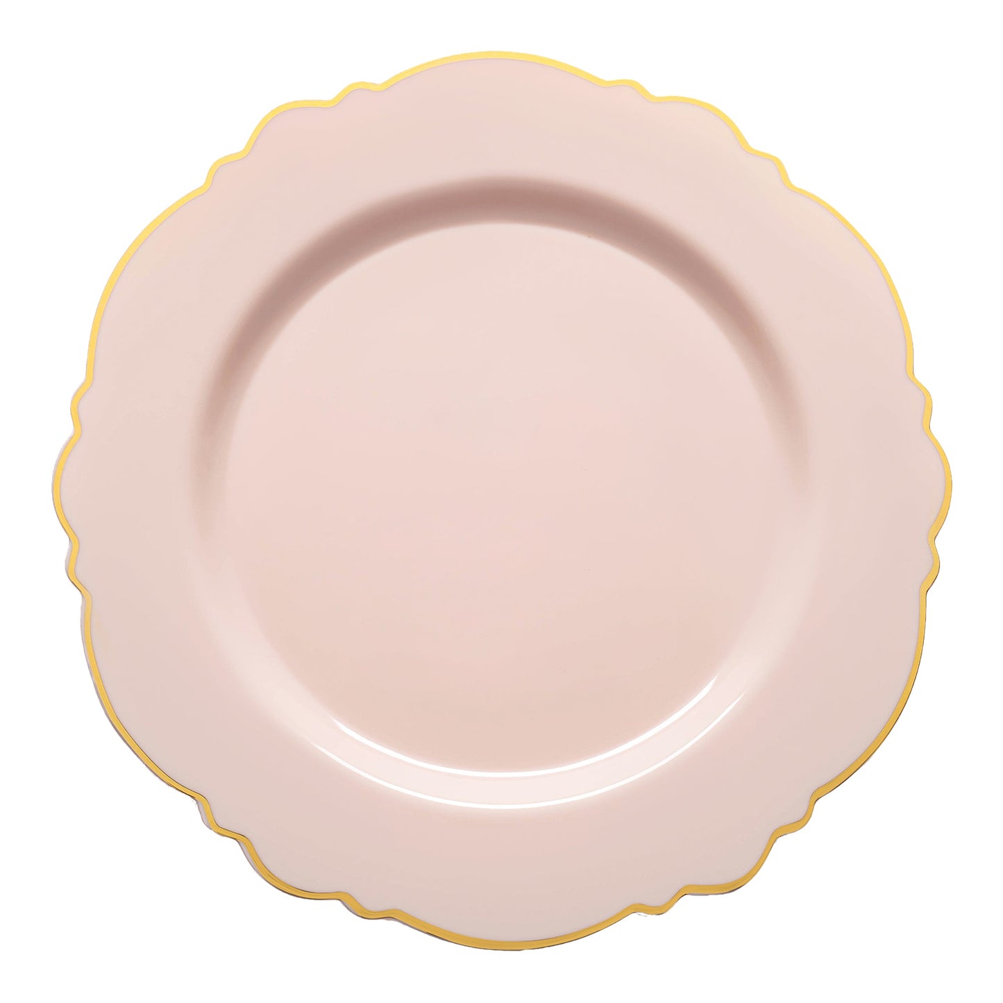 Pink round disposable plastic appetizer and salad plates with a gold rim and blossom design