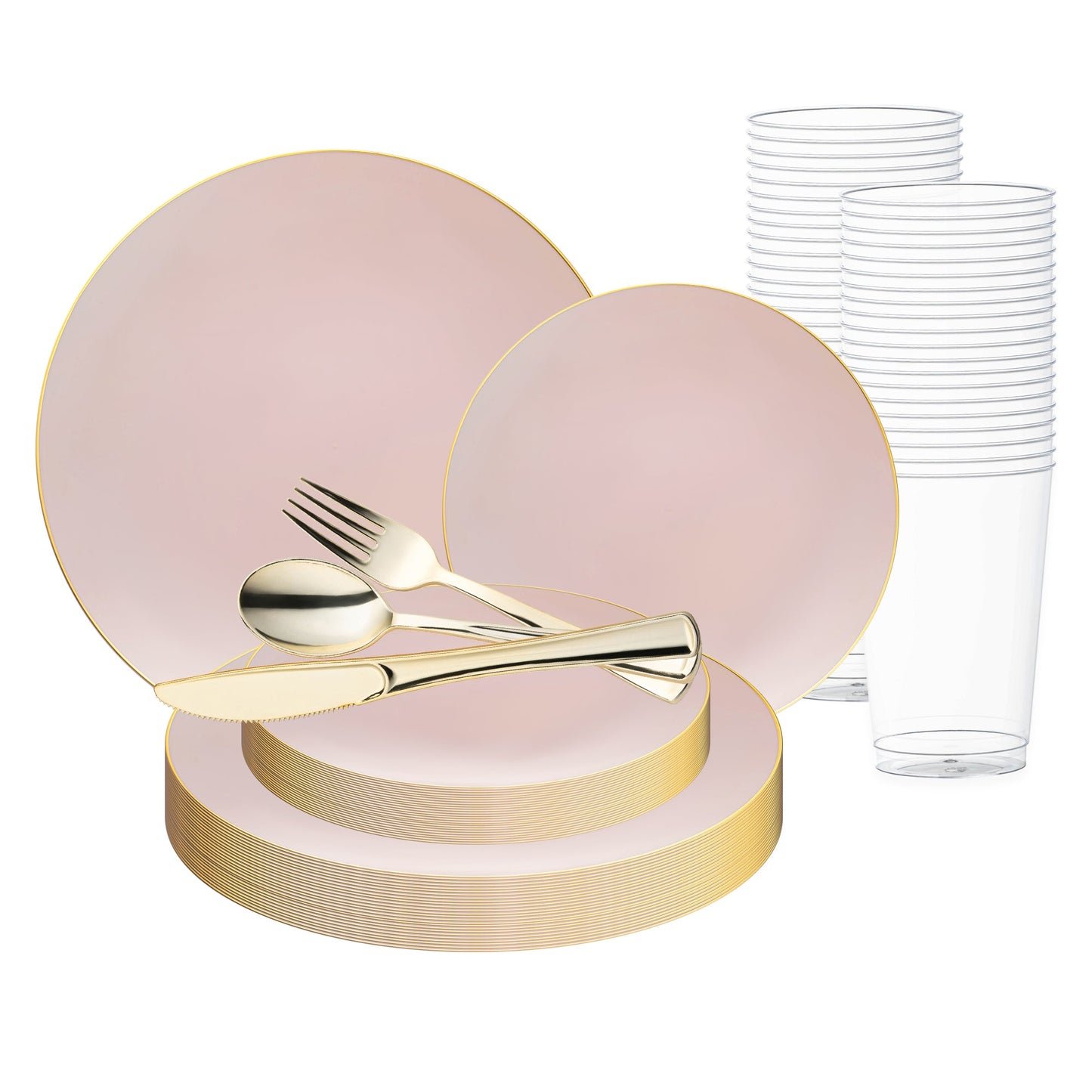 Pink with Gold Organic Round Disposable Plastic Wedding Value Set, showcasing a charming pink design accented with an opulent gold rim, perfect for infusing elegance and allure into your special event
