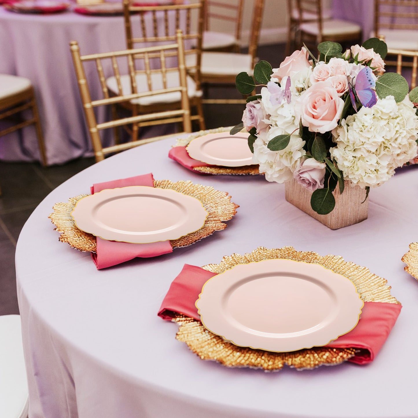 Pink with Gold Rim Round Blossom Disposable Plastic Dinner Plates (10.25") delivers quality and elegance, enhances food presentation with a premium yet disposable design