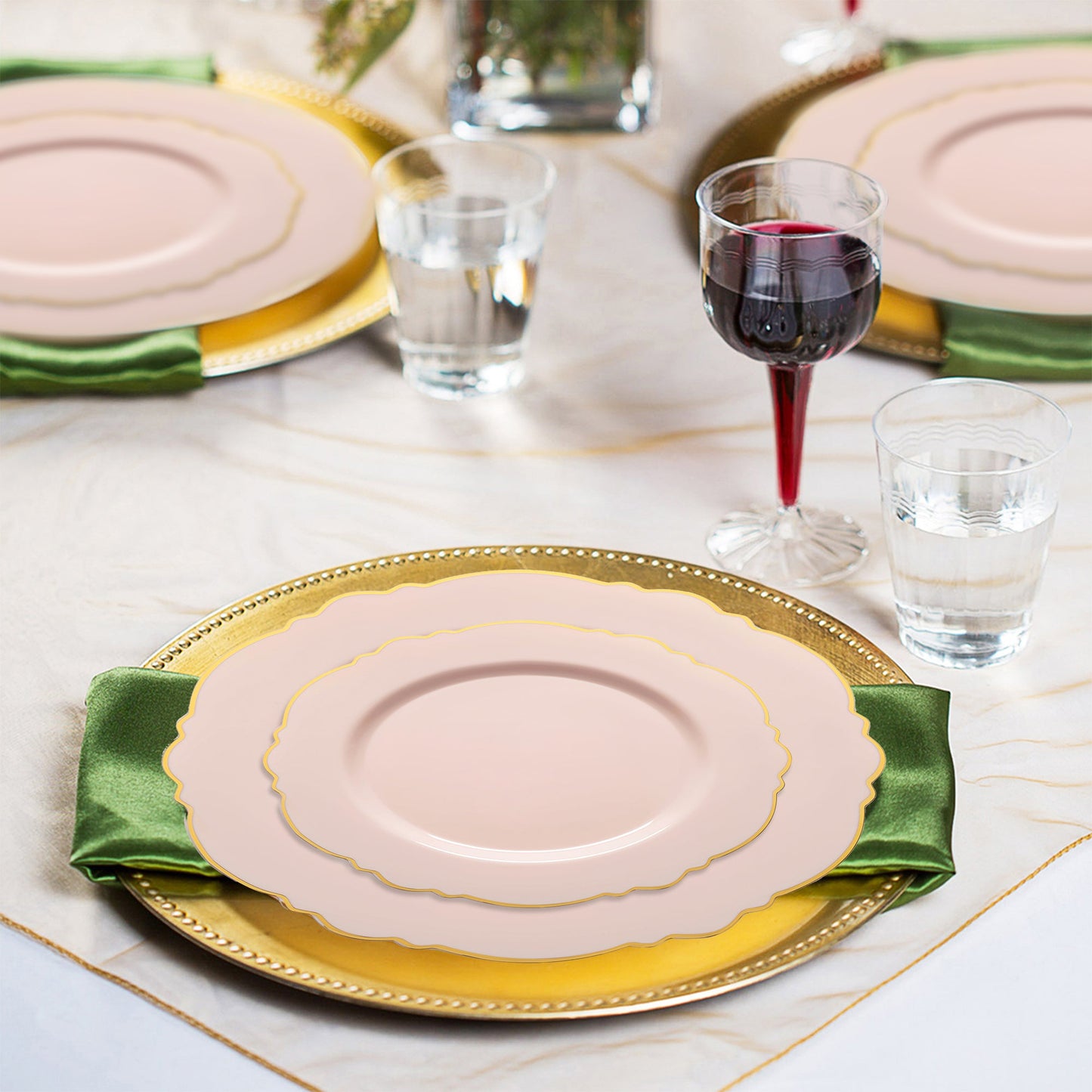 Pink with Gold Rim Round Blossom Disposable Plastic Wedding Value Set with gold cutlery, SKU 4840PG-VS20, includes 10" dinner plates, 7.5" appetizer plates, 7.25" forks, 8" knives, 6.25" spoons, and 4.5" cups