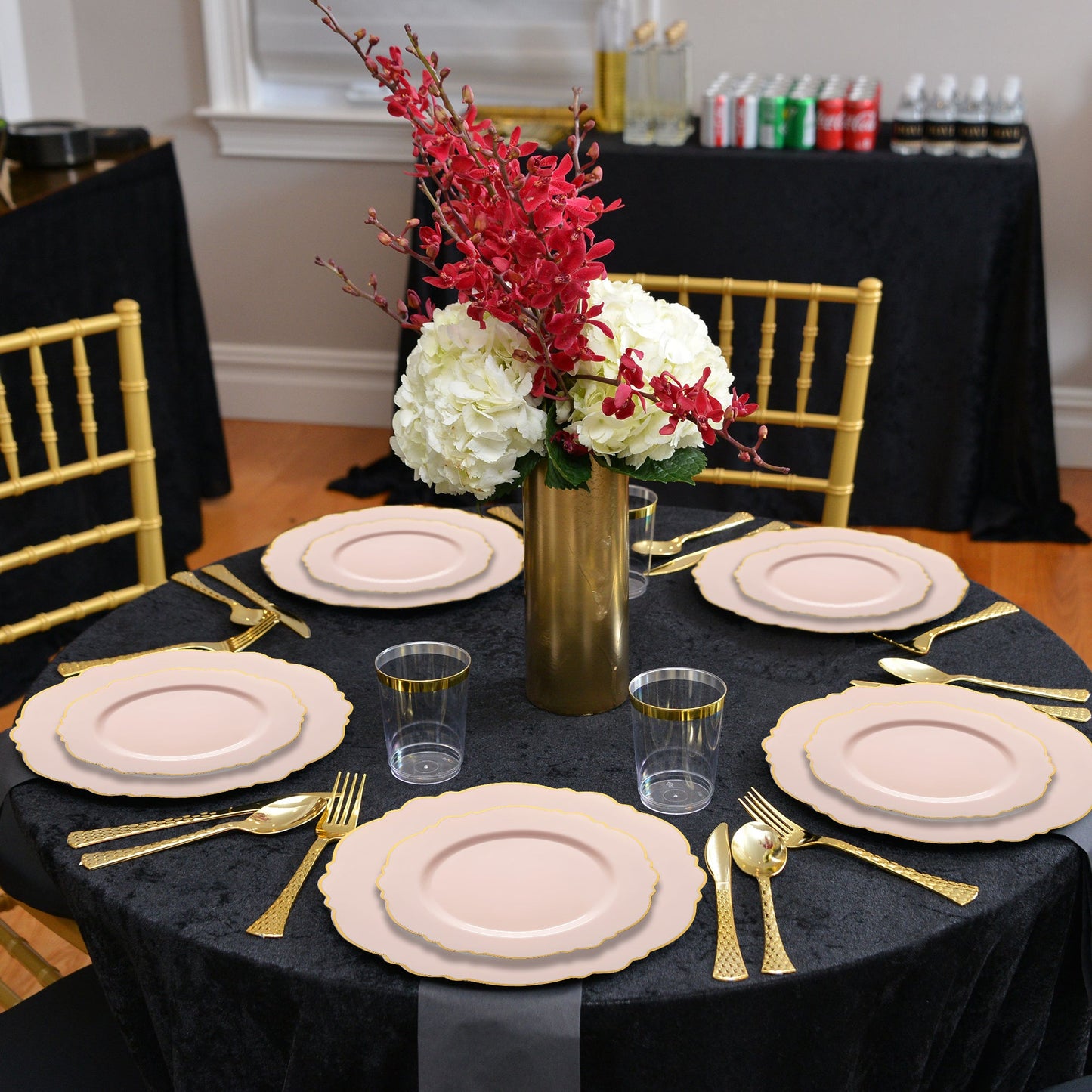 Pink with Gold Rim Round Blossom Disposable Salad Plates (7.5") bring upscale flair to events with their elegant, disposable design