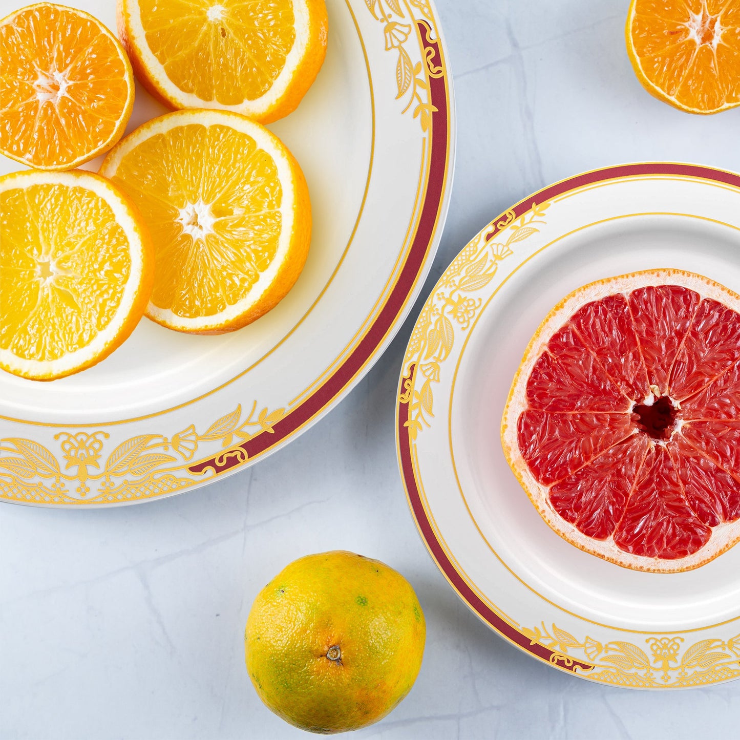 Preferred in formal white with burgundy and gold harmony rim plastic appetizer/salad plates (7.5")