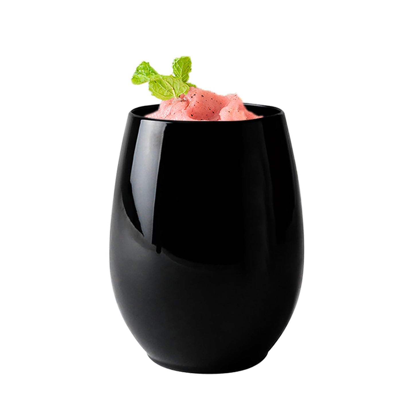 Premium-quality black stemless plastic wine glasses, 12 oz, combining elegance and convenience for weddings, parties, and special events