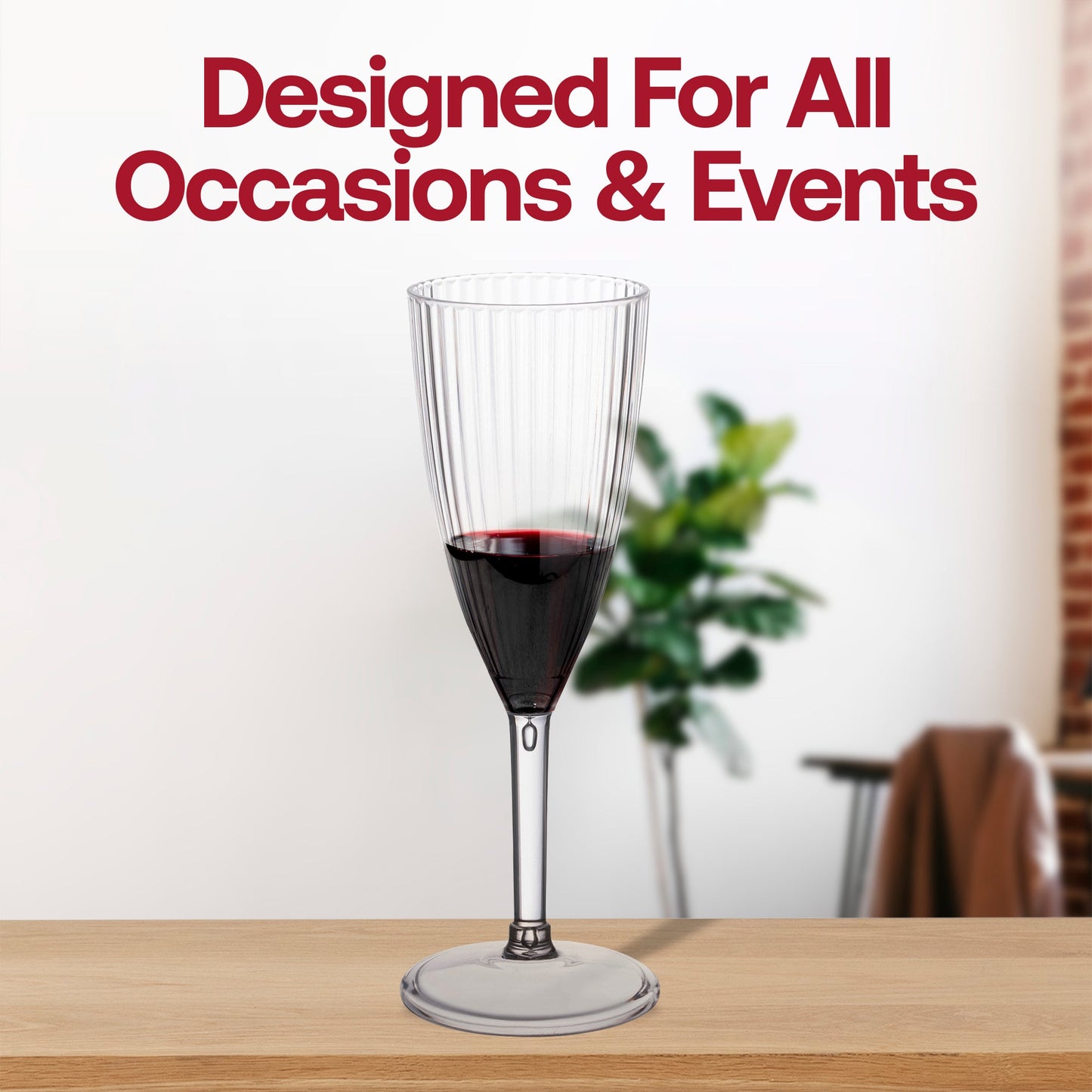 Premium 8-ounce clear striped plastic champagne flutes, round disposable design, great for elegant occasions