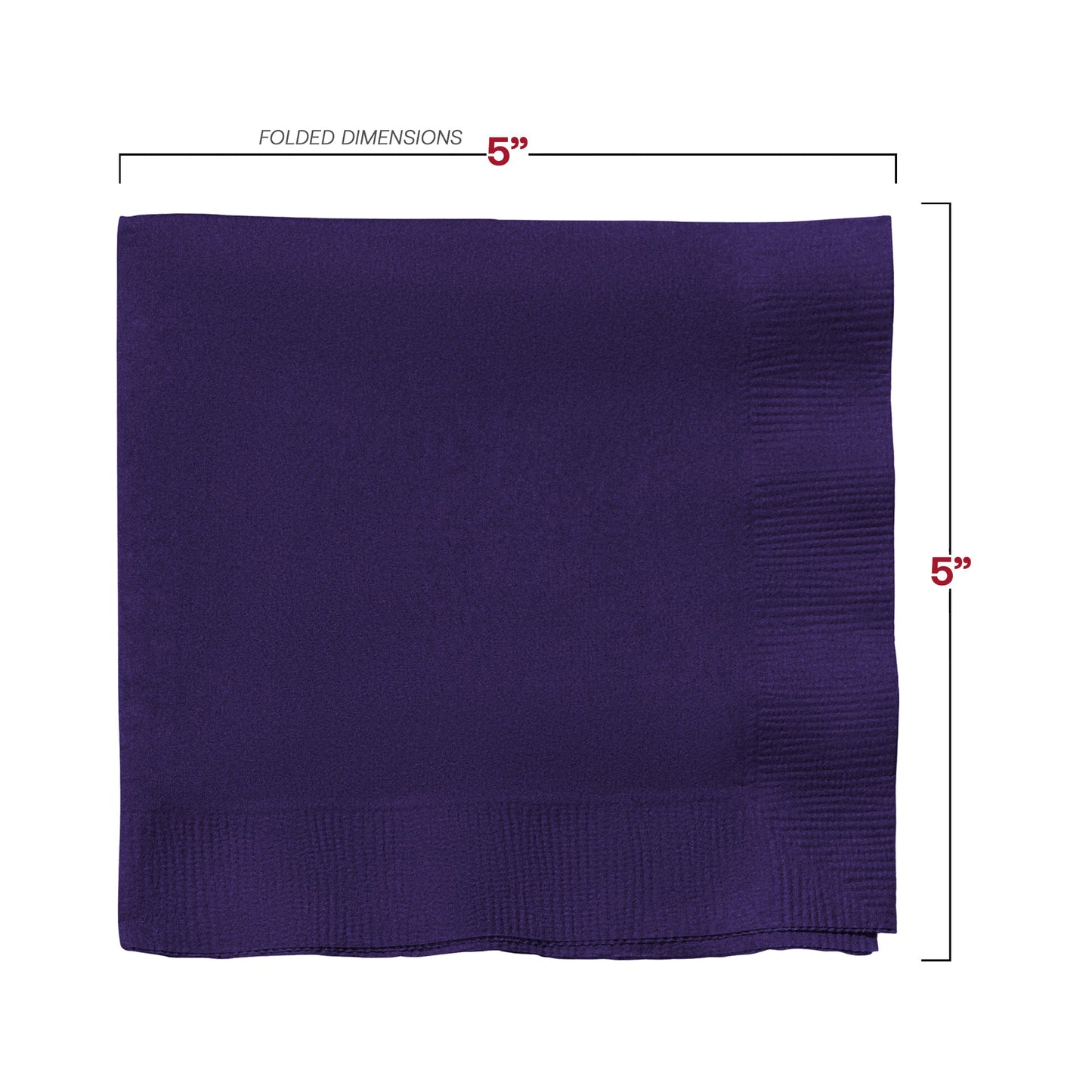 Purple paper cocktail napkin placed beside a drink glass, unfolded to 10 x 10 inches, part of a 600-count case.