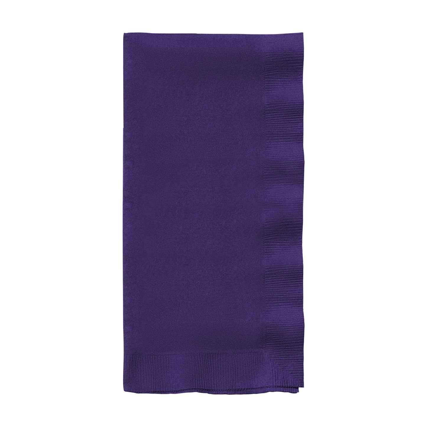 Purple paper dinner napkin measuring 16 x 16 inches, neatly folded, from a bulk case of 600 napkins.