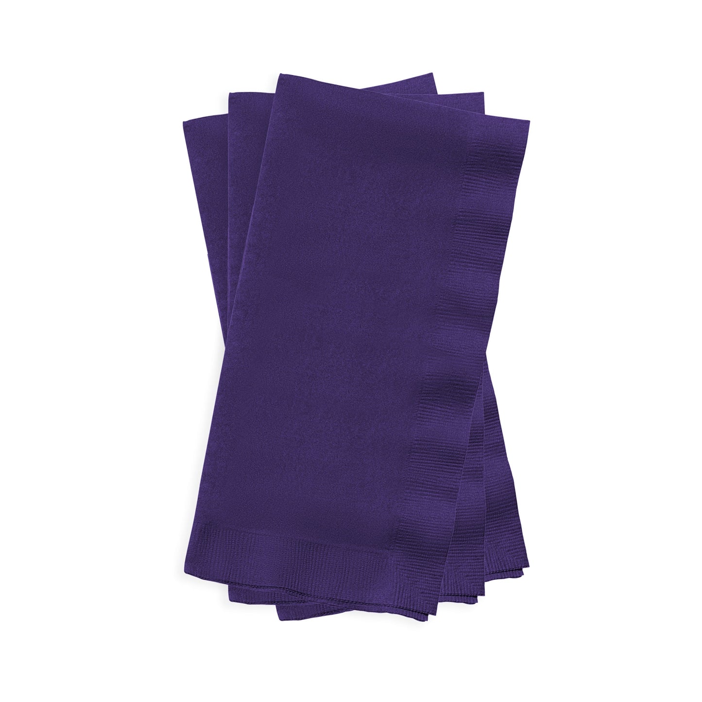 Purple paper napkin elegantly styled on a dinner plate, unfolded to 16 x 16 inches, part of 600-pack.
