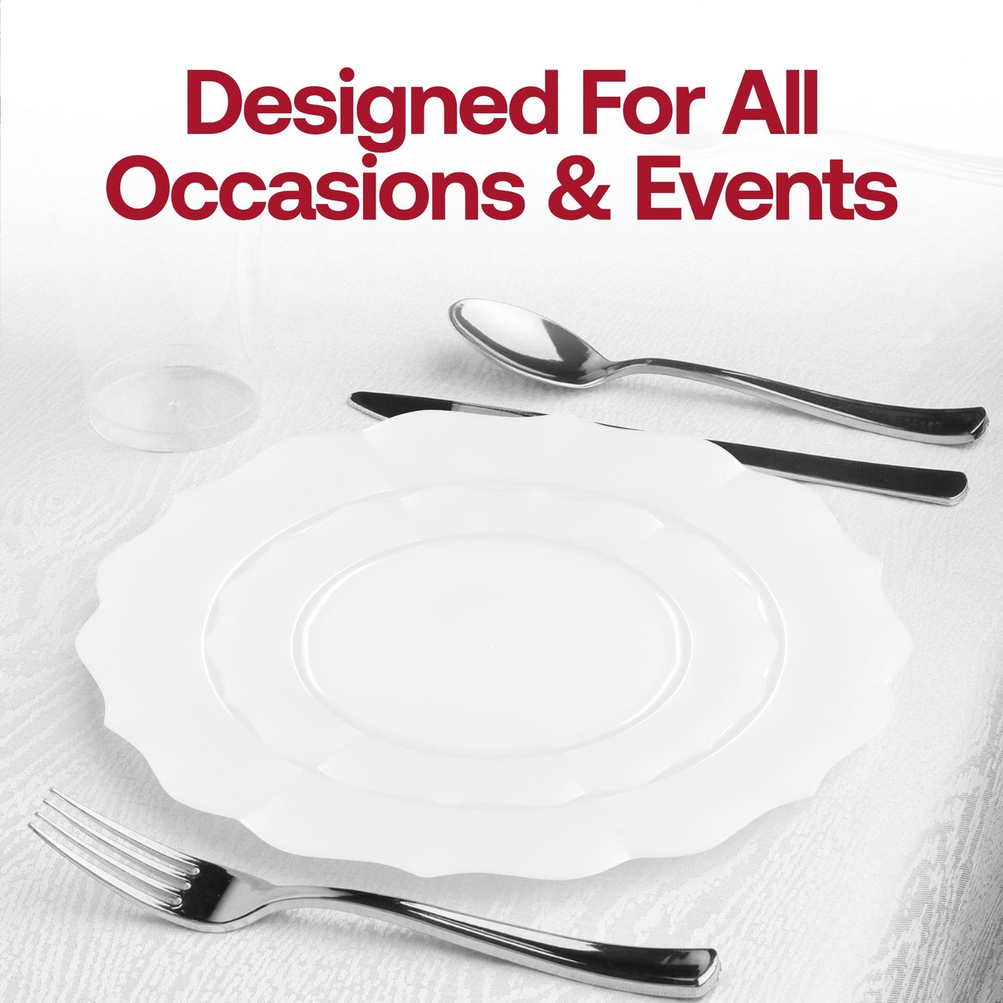 Refined party tablescape using Pearl White Lotus Plates, ideal for weddings, anniversaries, or upscale receptions