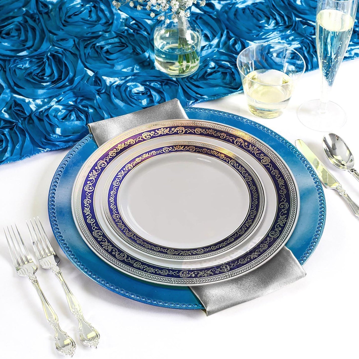 Refined reception scene using the White with Blue and Silver Royal Rim Plastic Wedding Set for luxurious occasions