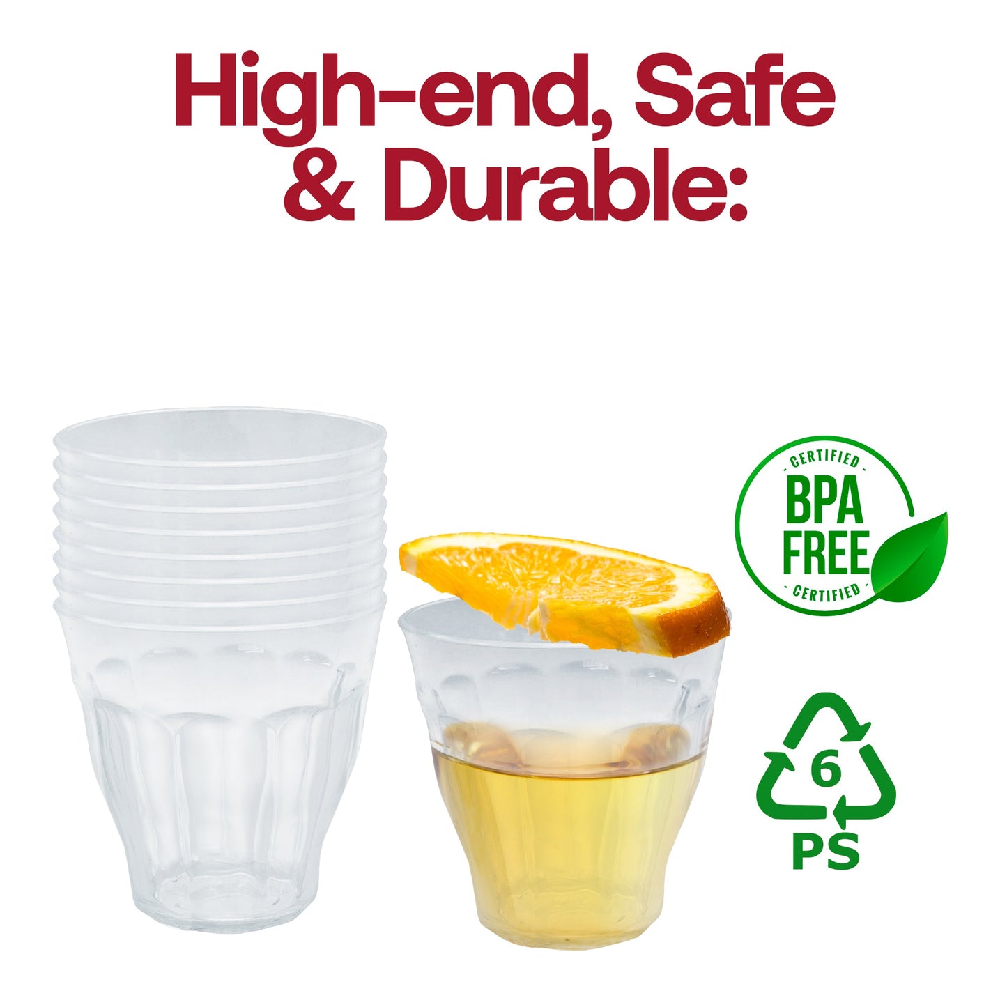 Rotable plastic tumblers displayed at a summer garden party, showcasing their clarity and stylish curved design