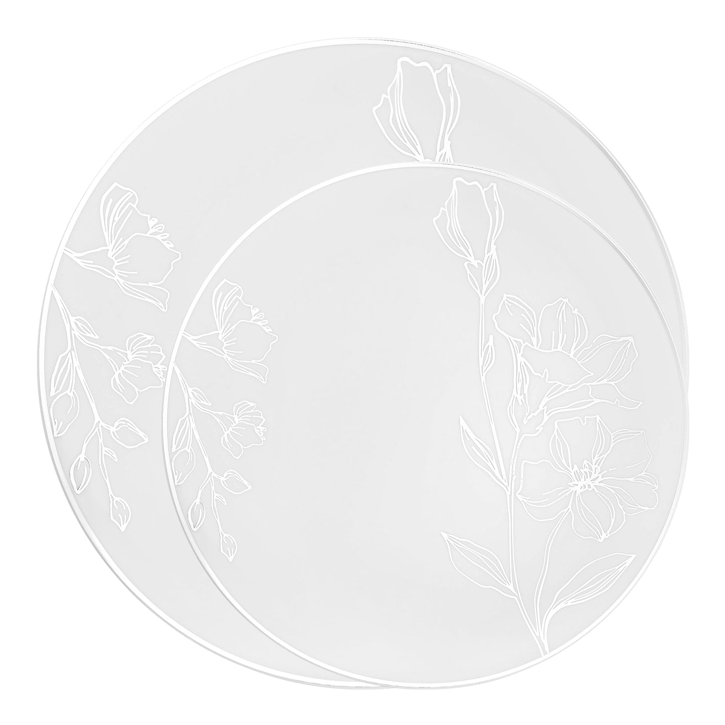 Round Plastic Dinnerware Featuring an Elegant Floral Pattern with Silver Trim
