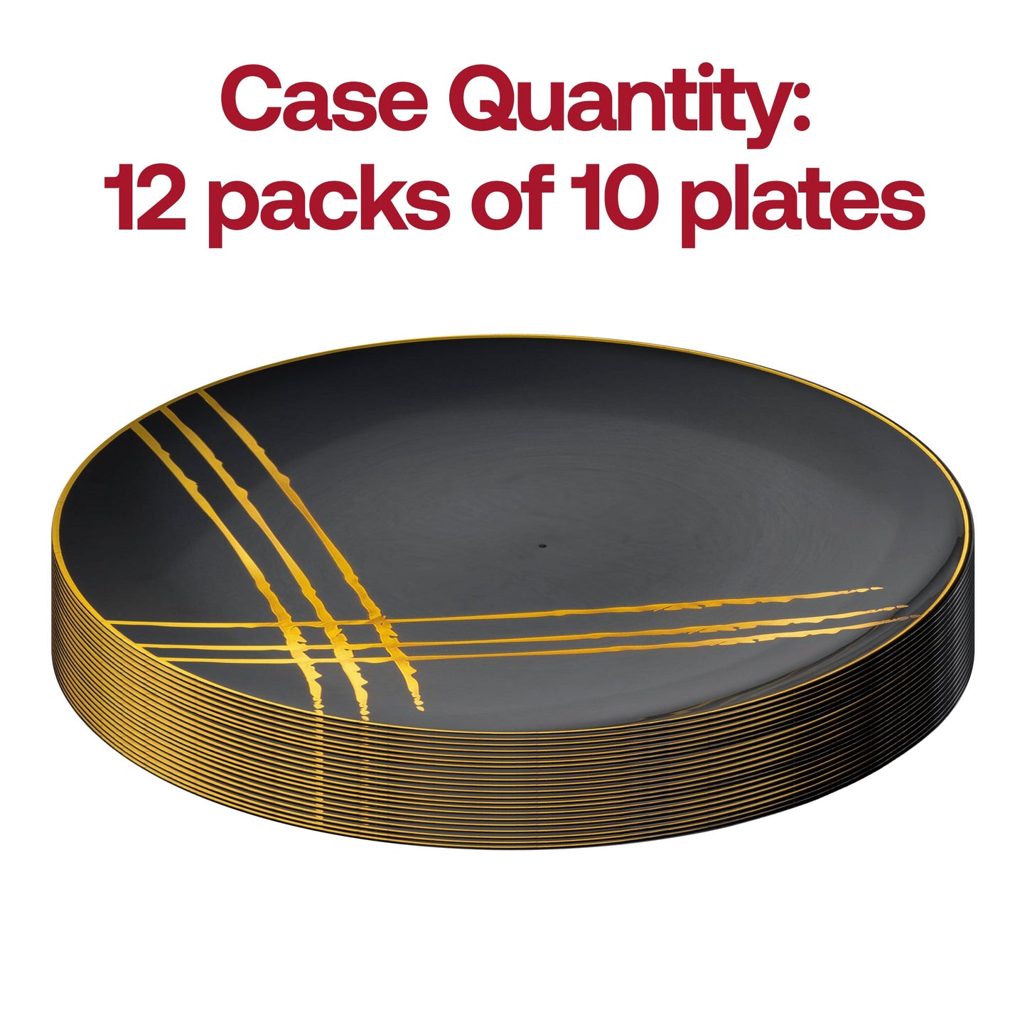 Round disposable dinner plates with a black base and bold gold brushstroke design, 10.25-inch diameter, 120 count