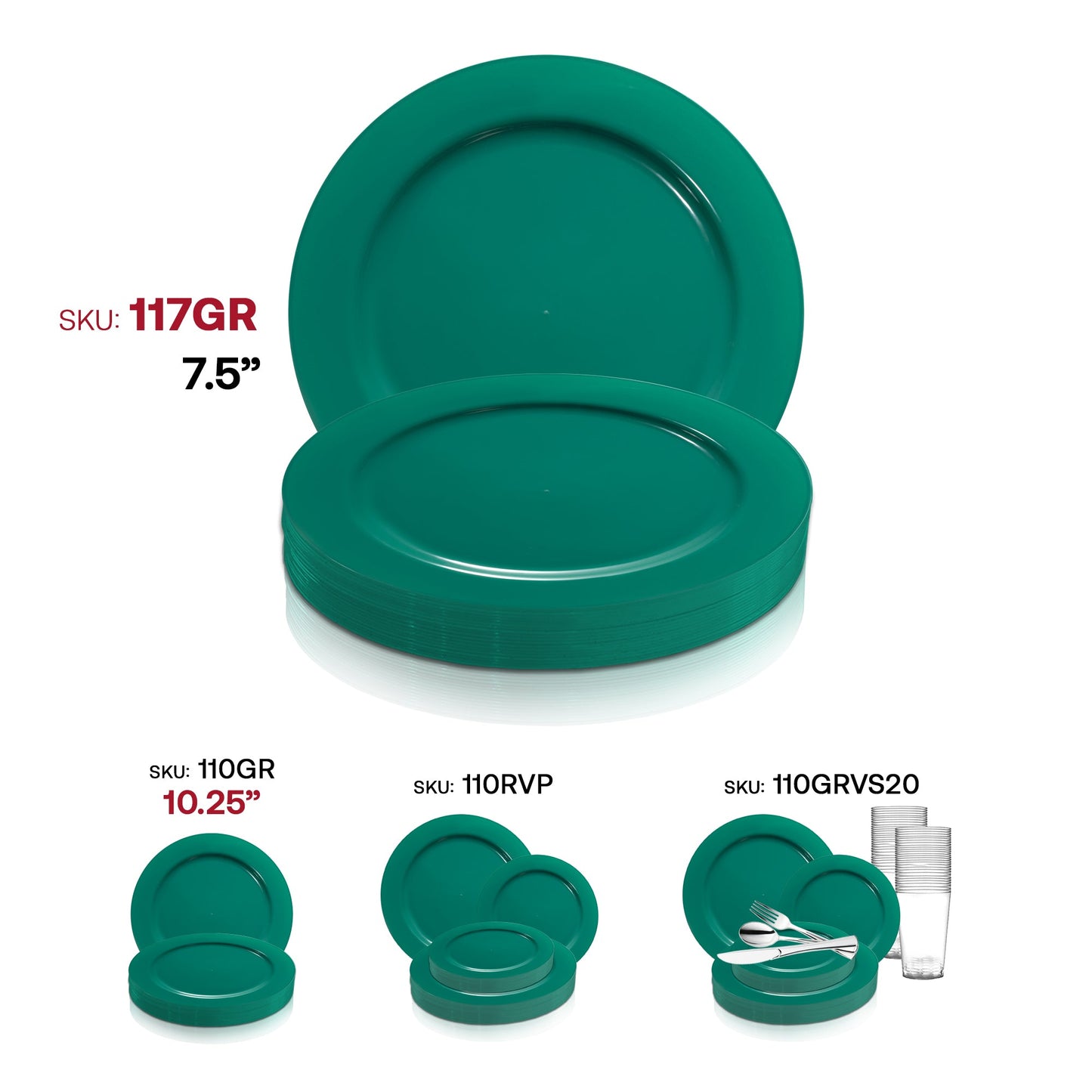 Round disposable green appetizer plates, 7.5-inch durable plastic, sold as a 120-pack for holiday parties or gatherings