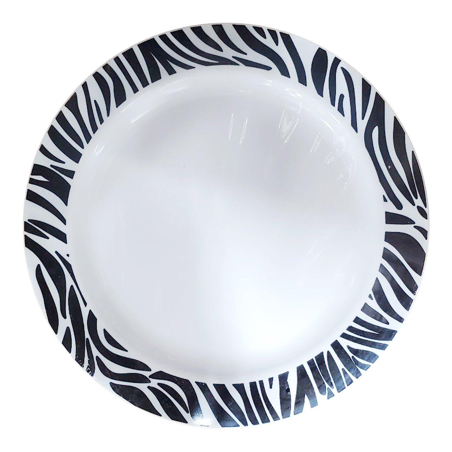 Round white plastic appetizer plates with black zebra design, disposable and 7.5-inch diameter, sold in a 120-pack