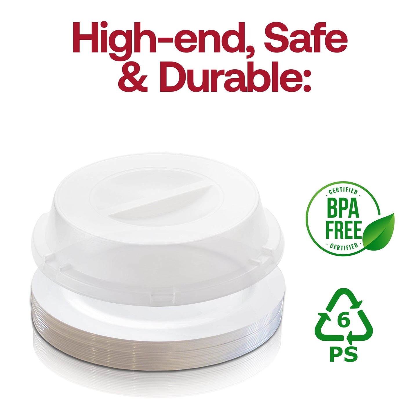 Round white plastic buffet plates with matching clear dome lids, BPA-free
