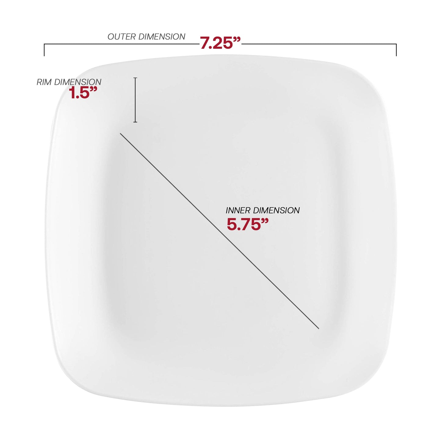 Rounded square white salad or appetizer plate measuring 7.25 inches, great for starters or desserts