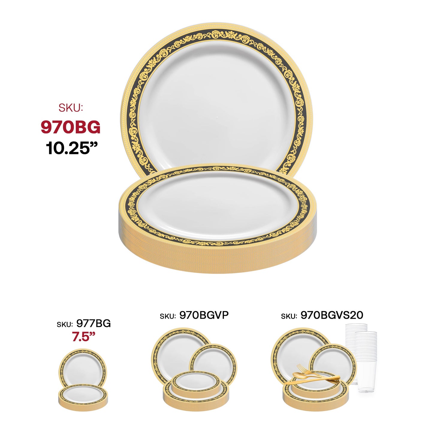 Royal-themed white dinner plates with a striking black and gold rim, 10.25-inch diameter, disposable