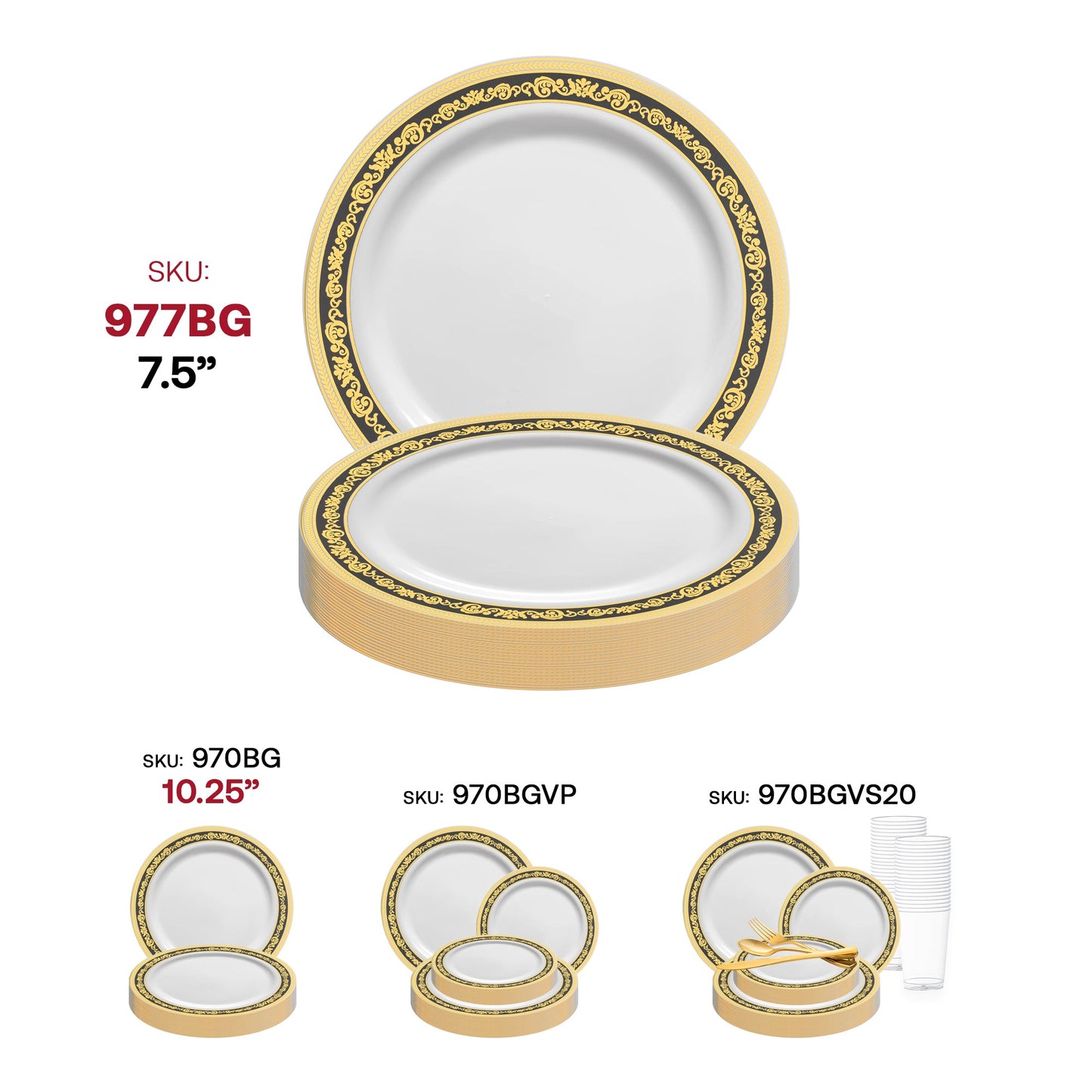 Royal-themed white plastic salad plates with a black and gold rim, 7.5-inch diameter, 120-pack