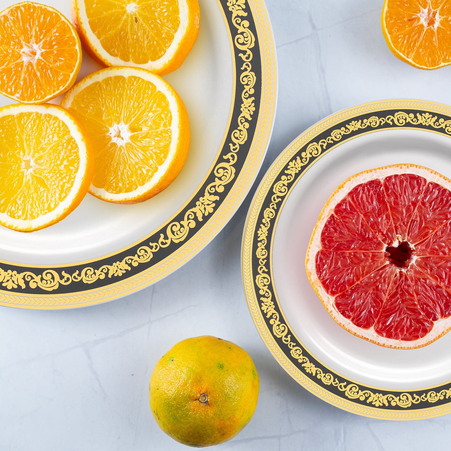Royal Rim Salad Plates in black and gold were used to serve appetizers at a formal black-tie event.