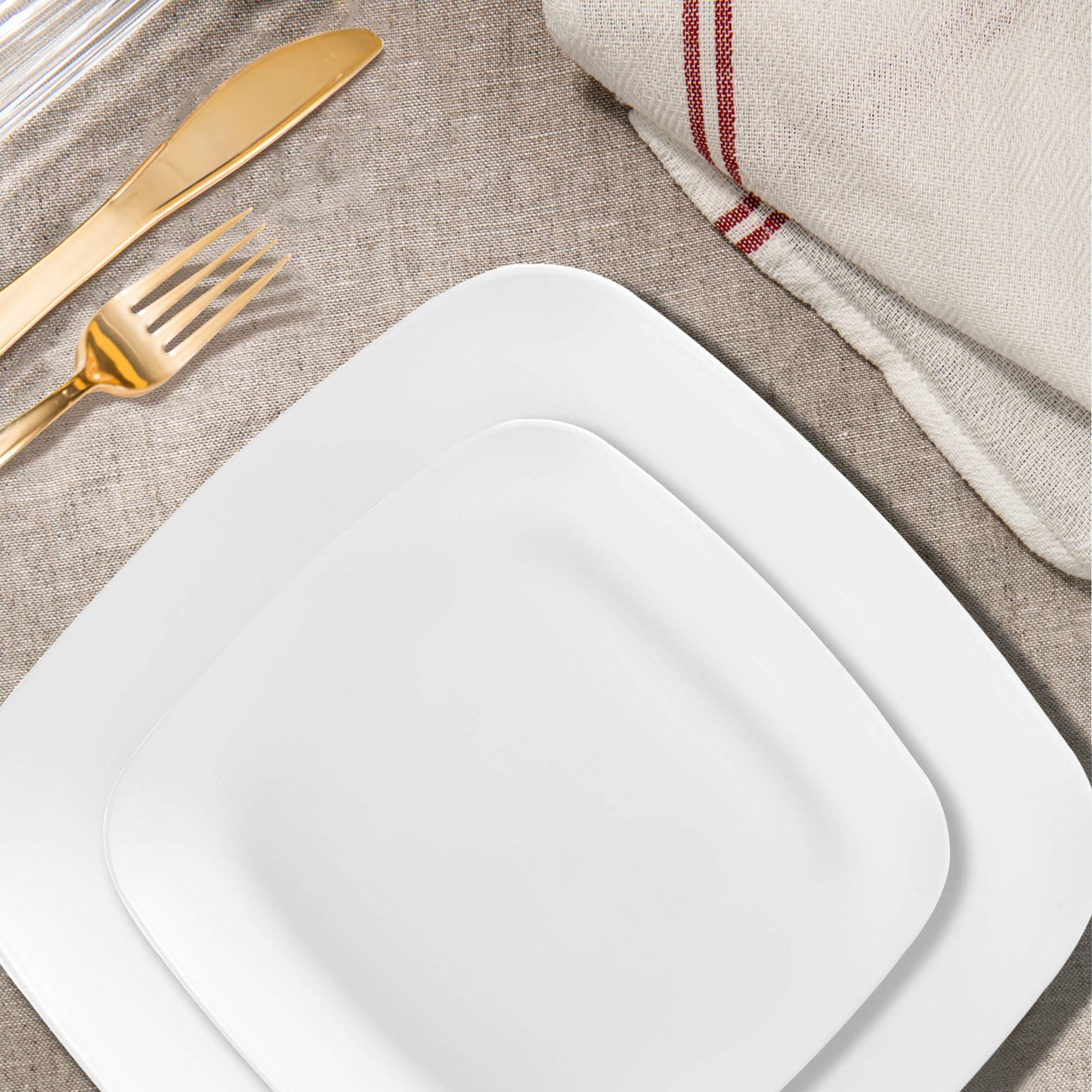 SKU 4830WH-VS20: Appetizer Plate 7.25", Dinner Plate 10", Fork 7.25", Knife 8", Spoon 6.25", Cup 4.5", ensuring the perfect fit for your special event
